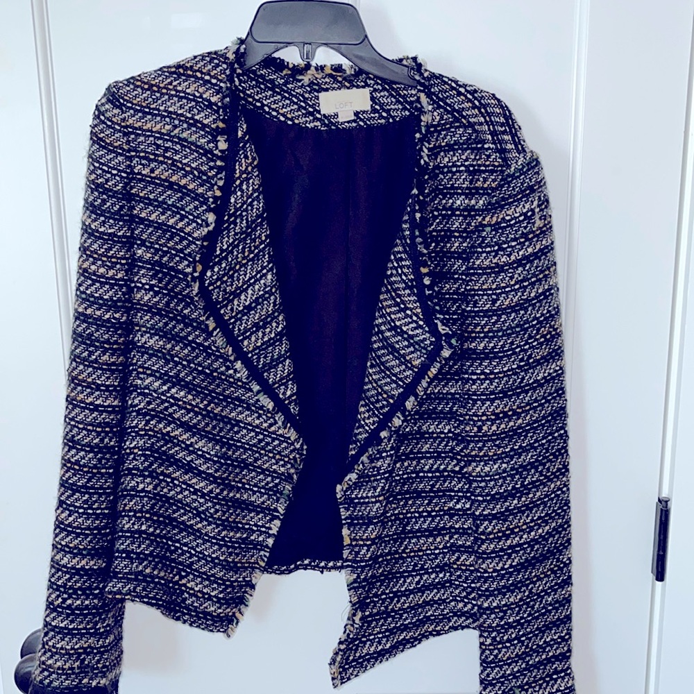 Loft lined blazer in colorful bands of blue green yellow white on navy